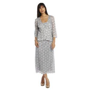 R&M Richards 2-pc Silver Lace Dress and Jacket, midi length, 3/4 sleeve jacket